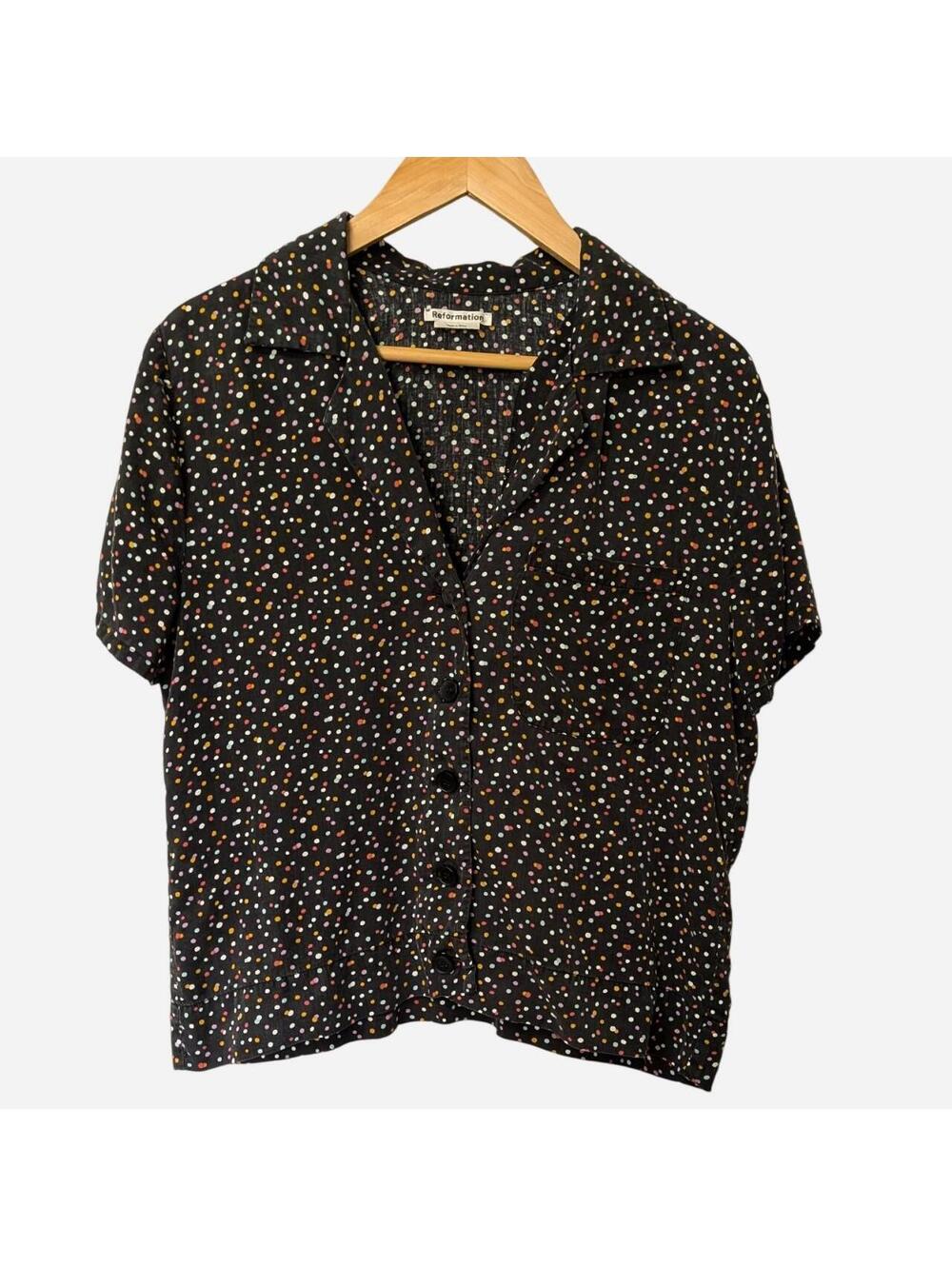 Reformation Black Confetti Dot Tencel Camp Collar Shirt Short Sleeve Small